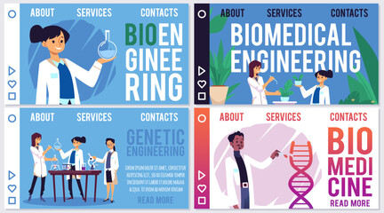 Biomedical engineering landing page templates, scientists doing research, flat vector illustration.