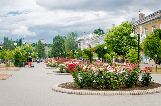 View of Azovsky Prospekt in Berdyansk, Ukraine, on a summer day before a thunderstorm. Berdyansk, Ukraine 06.23.2022