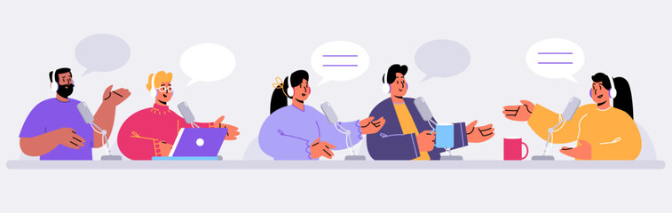 Fototapeta na wymiar Radio podcast hosts characters sitting at desks with microphones and speech bubbles. Men and women in headphones interviewing guests, talk on radio station studio, Line art flat vector illustration