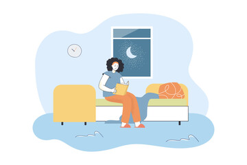 Woman reading before going to sleep flat vector illustration. Pretty girl sitting on bed and reading book. Education, routine, knowledge concept for banner, website design or landing web page