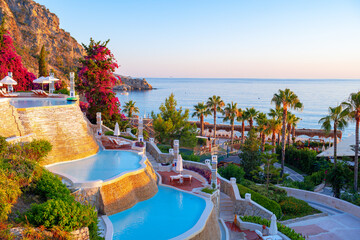 Cascade pools in Turkish resort hotel in Fethie