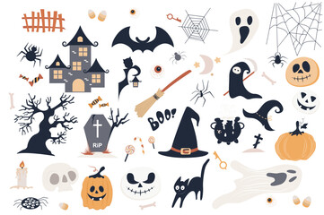 Halloween cute set in flat cartoon design. Bundle of old castle, bat, web, ghost, candy, tree, gravestone, broom, witch cap, key, pumpkin, black cat and other. Vector illustration isolated elements