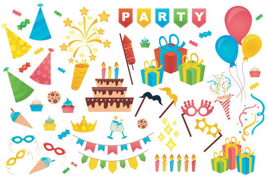 Birthday party cute set in flat cartoon design. Bundle of festive hat, firework, garland, cake, gift, balloon, glasses, crown, sweet, cupcake, candle and other. Vector illustration isolated elements