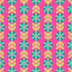 Retro cute geometric flower and leaf seamless pattern background.
