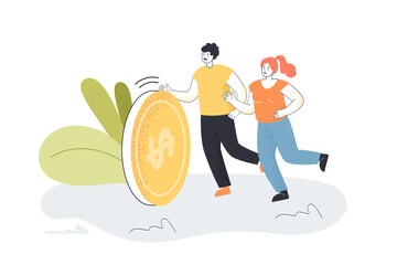 Man and woman running and rolling gold coin. Couple planning family budget flat vector illustration. Finance, economy, banking, togetherness concept for banner, website design or landing web page