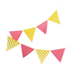 Party flags 3d render illustration. Pink and yellow triangular flags hanging on rope for birthday or holiday decoration and congratulation concept. Paper colorful traditional decor