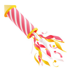 Firework with confetti 3d render illustration. Pink and yellow striped flying rocket with sparkles for holiday celebration and congratulation.
