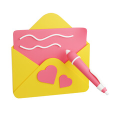 Greeting card with sign in envelope with hearts and pen 3d render illustration. Birthday on Valentine day congratulation or invitation. Postcard sent with love.