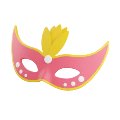 Gordijnen Carnival mask 3d render illustration. Pink face masquerade mask decorated with yellow feathers for holiday party or festival concept © Yuliia Osadcha