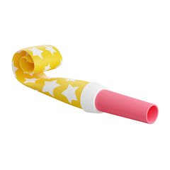 Party blower 3d render illustration. Pink and yellow rolled paper whistle with stars for birthday or holiday celebration concept. Party blowing horn noisemaker for new year carnival