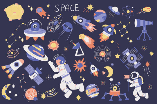 Space cute set in flat cartoon design. Bundle of planet, comet, ufo, rocket, satellite, telescope, constellation, star, astronaut, moon, spaceship and other. Vector illustration isolated elements