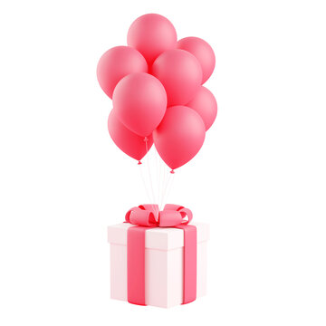Gift box with balloons 3d render illustration. White present package with ribbon and bunch of flying balloons for birthday and anniversary congratulation.