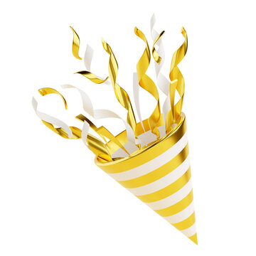 Golden party popper with flying confetti 3d render illustration. Gold firecracker explodes with serpentine for surprise or winner concept - birthday and anniversary banner with cone popper.