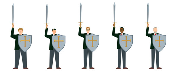 剣と盾を持ったビジネスマンの人物イラストセット　セキュリティイメージ　世界の人々　ダイバーシティ男性