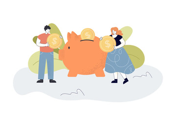 Man and woman putting coin into piggy bank. Family saving money together flat vector illustration. Finance, income, investment concept for banner, website design or landing web page