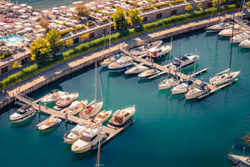Aerial summer view of Marina di Portopiccolo town,Trieste location, Italy, Europe. Colorful outdoor...