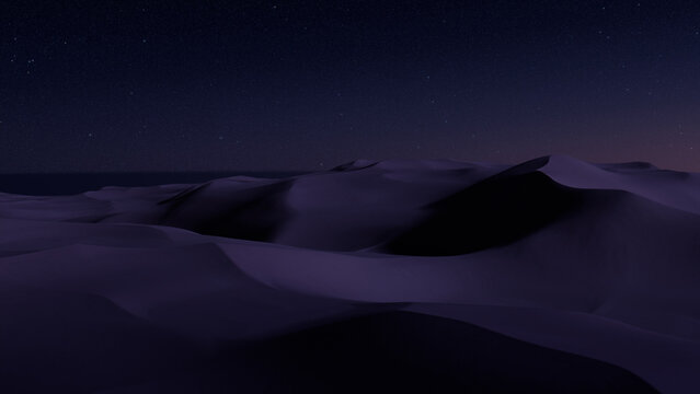 Undulating Sand Dunes form an Empty Desert Landscape. Dusk Wallpaper with Pink Gradient Starry Sky.