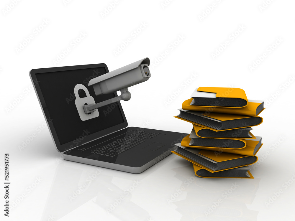 Poster 3d rendering folder connected to computer network under cctv camera