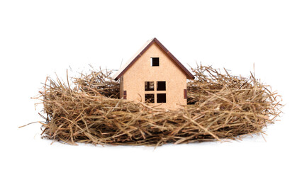 Hay nest with a house figurine isolated on white