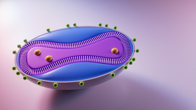 Monkeypox Virus Visualization with 3D Cell Structure. 3D Render with Copy-Space.