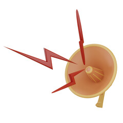 3d render megaphone loudspeaker icon for sound message, orange color with red lightning