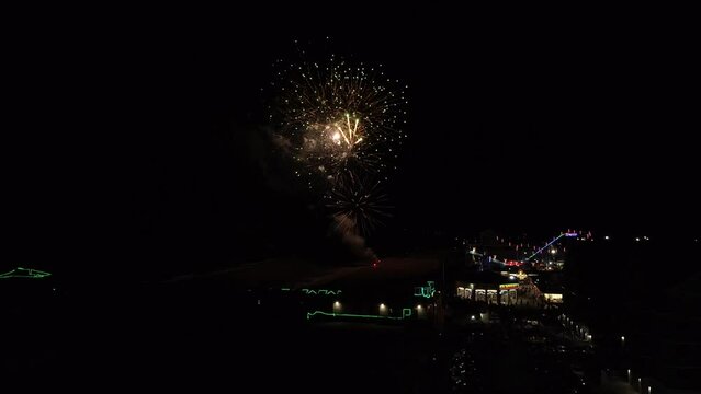 Spectacular fireworks display at night over the town of Old Orchard Beach in Maine.
