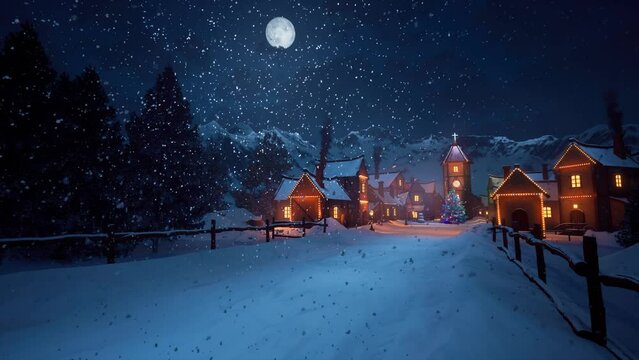 Beautifully decorated winter village on Christmas Eve with winter mountains, moon and heavy snow in the background. Christmas screen server.