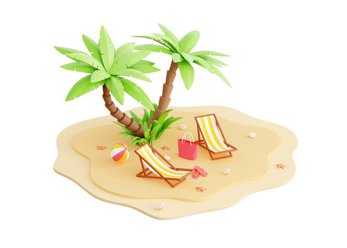 Summer beach vacation 3d render - cartoon tropical sandy island with palm trees and elements for coastal holiday. Sun loungers, ball and flip flops for relaxing in sun for couple.