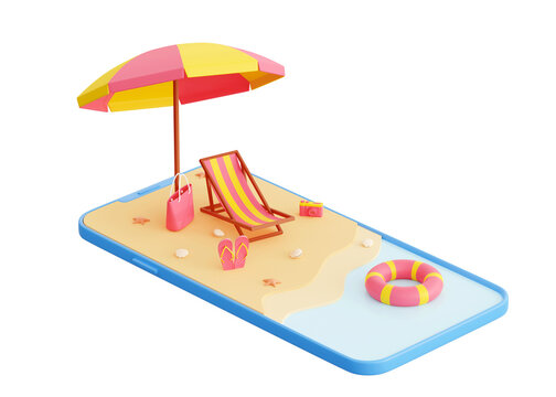 Summer beach vacation 3d render - cartoon scene of summer seaside vacation on sandy shore on smartphone screen. Sun lounger with umbrella and flip flops on tropical island surrounded by water.