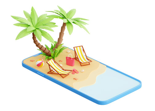 Summer beach vacation 3d render - cartoon tropical sandy island with palm trees and elements for coastal holiday on smartphone screen. Sun loungers, ball and flip flops for relaxing in sun for couple.