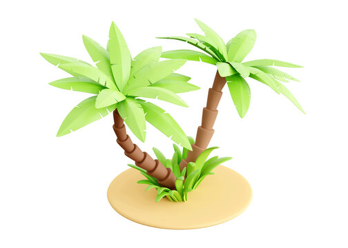 Palm tree on sand 3d render - tropical plant with green leaves, brown trunk and grass for beach vacation and summer travel concept. Cartoon exotic beach tree for sea illustration.