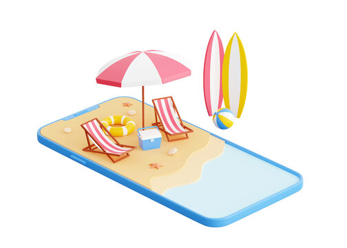 Summer beach vacation 3d render - cartoon sand island with umbrella and lounger on smartphone screen. Sea shore with elements for relaxing in sun for couple. Sandy coast with chaises.