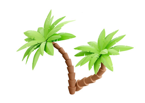 Palm tree on sand 3d render - tropical plant with green leaves, brown trunk and grass for beach vacation and summer travel concept. Cartoon exotic beach tree for sea illustration.