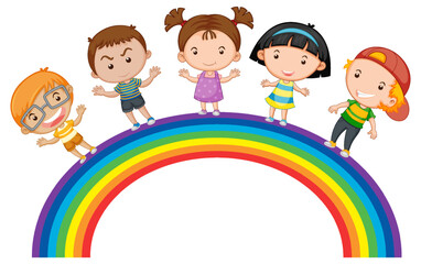 Set of happy children standing on rainbow