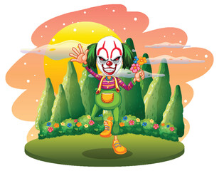 Isolated outdoor scene with clown cartoon characters