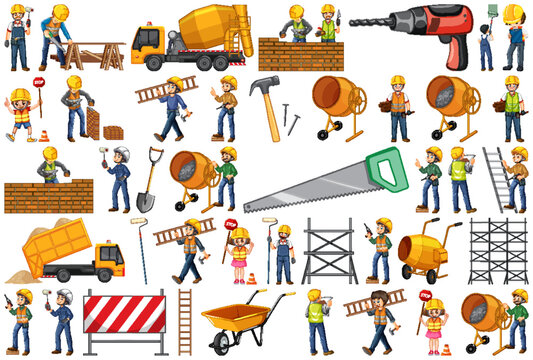 Set of construction site objects and workers