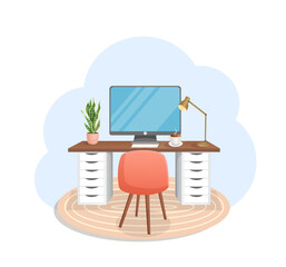 Workspace with computer, table, plant, chair, carpet, lamp and cup on isolated white background for home office, cabinet, remote work, freelance, teaching. Vector illustration in flat cartoon style.