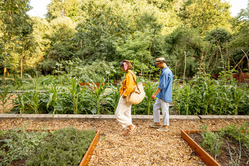 Man and woman walk between vegetable beds at home garden on farmland. Concept of local growing of organic products and sustainable lifestyle