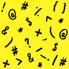 pattern with the image of keyboard symbols. Punctuation marks. Template for applying to the surface. yellow background