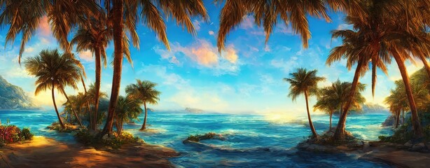 Naklejka na ściany i meble Tropical paradise beach, beautiful magical palm trees hanging on the seashore. Blue sky and azure sea water. Sun illuminates the coast beach and the ocean. 3d illustration