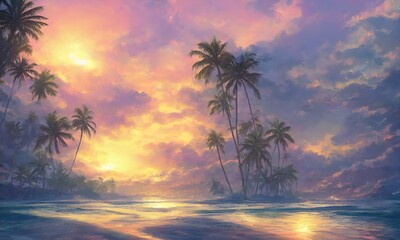 Obraz na płótnie Canvas Tropical paradise beach, beautiful magical palm trees hanging on the seashore. Blue sky and azure sea water. Sun illuminates the coast beach and the ocean. 3d illustration