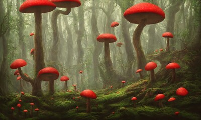 Fly agaric mushrooms grow in a forest clearing. Fabulous magic mushrooms in a dark forest. Fantastic wonderland landscape to the fairy tale "Alice in Wonderland". 3d illustration
