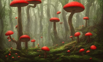 Foto op Aluminium Fly agaric mushrooms grow in a forest clearing. Fabulous magic mushrooms in a dark forest. Fantastic wonderland landscape to the fairy tale "Alice in Wonderland". 3d illustration © Mars0hod