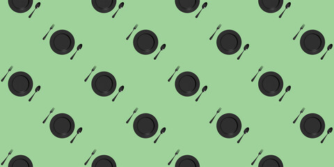 pattern. kitchen utensils on a pastel yellow green background. fork, spoon, plate. Template for surface application. Flat lay. Banner for insertion into site. 3D image. 3D rendering.