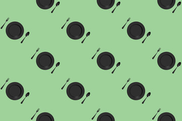 pattern. kitchen utensils on a pastel yellow green background. fork, spoon, plate. Template for surface application. Flat lay. Square image. 3D image. 3D rendering.