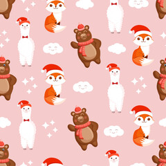 Seamless pattern with animals - bear, fox, llama or alpaca with clouds. Vector Christmas illustration for fabric, texture, wallpaper, poster, card. Editable elements. Winter cartoon design.