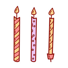 Birthday cake candles with burning flames. Flat vector illustration