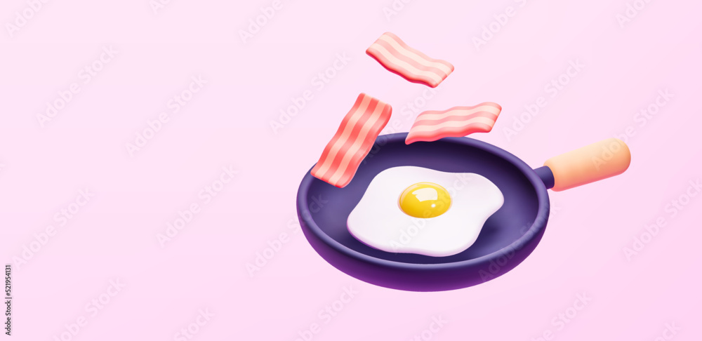 Wall mural 3D render fried egg in a cast iron skillet isolated on pink background vector illustration. Breakfast and home cooking concept.