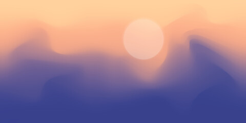 Mountain panoramic view, abstract stylization, sunset light and sun, vector illustration