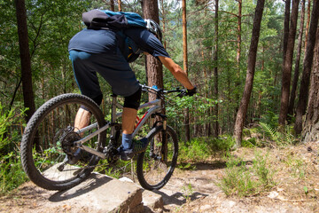 Fototapeta na wymiar Mountainbiker im Pfälzerwald fährt einen schwierigen Singletrail mit mehreren Stufen (Singletrailskala S2)
